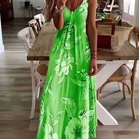 Floral Print Spaghetti Dress; Casual Crew Neck Ankle Cami Dress; Women's Clothing (Color: Green, size: M(6))