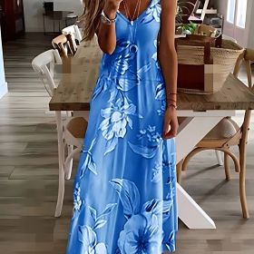 Floral Print Spaghetti Dress; Casual Crew Neck Ankle Cami Dress; Women's Clothing (Color: Blue, size: XXL(14))