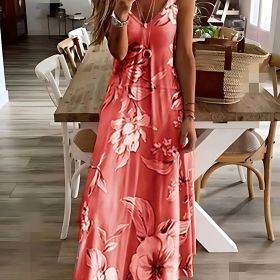 Floral Print Spaghetti Dress; Casual Crew Neck Ankle Cami Dress; Women's Clothing (Color: PINK, size: XL(12))