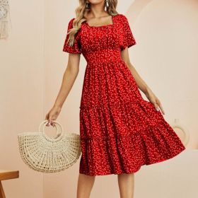 Heart Print Midi Dress; Square Neck Drop Shoulder A-Line Dress; Women's Classic Casual Dresses For All Seasons; Women's Clothing (Color: Red, size: XL(12))