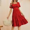 Heart Print Midi Dress; Square Neck Drop Shoulder A-Line Dress; Women's Classic Casual Dresses For All Seasons; Women's Clothing