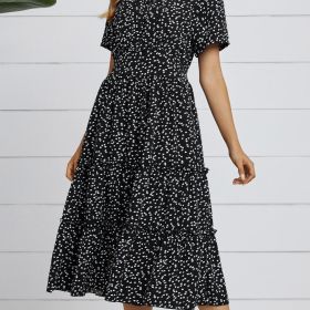 Heart Print Midi Dress; Square Neck Drop Shoulder A-Line Dress; Women's Classic Casual Dresses For All Seasons; Women's Clothing (Color: BLACK, size: M(6))