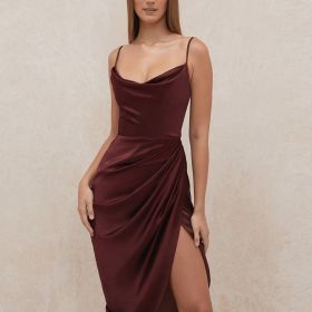 Solid Asymmetrical Sleeveless Cami Dress; Sexy Smooth Split Slim Midi Dress; Women's Clothing (Color: Burgundy, size: M(6))