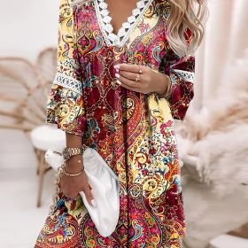 Boho Floral Print Dress; Lace Stitching V Neck Half Sleeve Dress; Women's Clothing (Color: Claret, size: M(6))