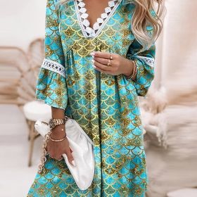 Boho Floral Print Dress; Lace Stitching V Neck Half Sleeve Dress; Women's Clothing (Color: Green, size: S(4))