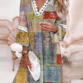 Boho Floral Print Dress; Lace Stitching V Neck Half Sleeve Dress; Women's Clothing (Color: Yellow, size: L(8/10))