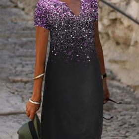 Dots Print V Neck Short Sleeve Dress; Vintage Loose Stylish Maxi Dress; Women's Clothing (Color: Purple, size: M(6))