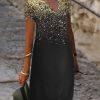 Dots Print V Neck Short Sleeve Dress; Vintage Loose Stylish Maxi Dress; Women's Clothing