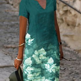 Dots Print V Neck Short Sleeve Dress; Vintage Loose Stylish Maxi Dress; Women's Clothing (Color: Ocean Green, size: XS(2))