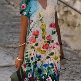 Dots Print V Neck Short Sleeve Dress; Vintage Loose Stylish Maxi Dress; Women's Clothing (Color: Red, size: XXL(14))