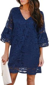 Women's Dress Sweet & Cute V-Neck Bell Sleeve Shift Dress Mini Dress (Color: Blue, size: medium)