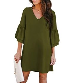 Women's Dress Sweet & Cute V-Neck Bell Sleeve Shift Dress Mini Dress (Color: Green, size: small)