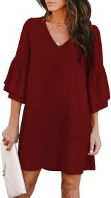 Women's Dress Sweet & Cute V-Neck Bell Sleeve Shift Dress Mini Dress (Color: Wine Red, size: large)