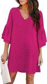 Women's Dress Sweet & Cute V-Neck Bell Sleeve Shift Dress Mini Dress (Color: Rose Red, size: medium)