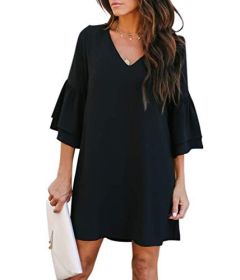 Women's Dress Sweet & Cute V-Neck Bell Sleeve Shift Dress Mini Dress (Color: BLACK, size: XX-Large)