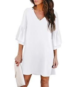 Women's Dress Sweet & Cute V-Neck Bell Sleeve Shift Dress Mini Dress (Color: White, size: large)