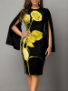Elegant Split Sleeve Slit Dress; Long Sleeve Crew Neck Fashion Floral Print Fitted Dresses; Women's Clothing