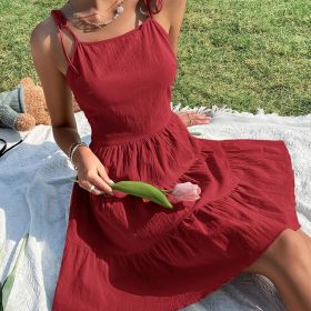 Solid Backless Pleated Cami Dresses; Spaghetti Strap Solid Vacation Dress; Women's Clothing (Color: Claret, size: S(4))