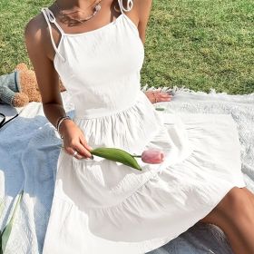 Solid Backless Pleated Cami Dresses; Spaghetti Strap Solid Vacation Dress; Women's Clothing (Color: White, size: XL(12))