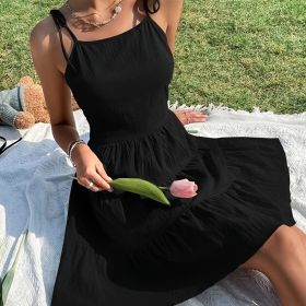 Solid Backless Pleated Cami Dresses; Spaghetti Strap Solid Vacation Dress; Women's Clothing (Color: BLACK, size: S(4))