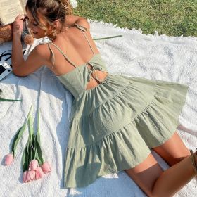 Solid Backless Pleated Cami Dresses; Spaghetti Strap Solid Vacation Dress; Women's Clothing (Color: Matcha Color, size: M(6))
