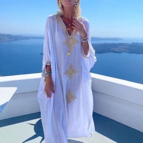 Elegant Embroidered Retro V-neck White Dress; Summer Beach Wear Vacation Dress; Women's Clothing (Color: White, size: One-size)