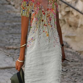 Dots Print V Neck Short Sleeve Dress; Vintage Loose Stylish Maxi Dress; Women's Clothing (Color: Rose Color, size: L(8/10))