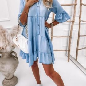 A-Line Midi Denim Dress; Ruffled Hem Denim Skirt; Casual Loose Dress (Color: light blue, size: M(6))