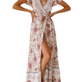Floral Print Bohemian Maxi Dress; V Neck Short Sleeve Dress For Spring & Summer; Women's Clothing (Color: Beige, size: L(8/10))