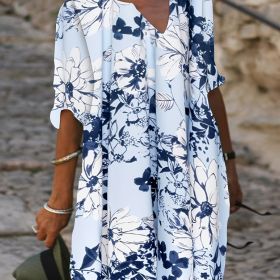 Plus Size Casual Dress; Women's Plus Floral Print Short Sleeve Notched Neck Midi Dress (Color: White, size: Plus 3XL(22/24))