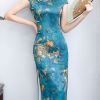Blue Printed Modified Cheongsam Dress; Women's Dresses