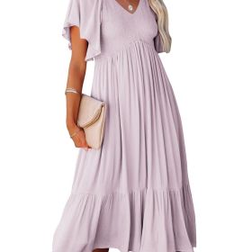 Women's Dresses Summer V-Neck Ruched Ruffle Sleeve Bohemian Dresses (Color: Purple, size: L(8/10))