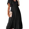 Women's Dresses Summer V-Neck Ruched Ruffle Sleeve Bohemian Dresses