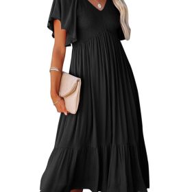 Women's Dresses Summer V-Neck Ruched Ruffle Sleeve Bohemian Dresses (Color: BLACK, size: XL(12))