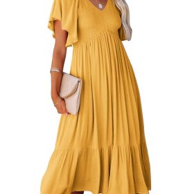 Women's Dresses Summer V-Neck Ruched Ruffle Sleeve Bohemian Dresses (Color: Yellow, size: L(8/10))