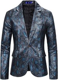 Men's Printed Suit Jackets Stylish Snakeskin Print Dress Coats Shawl Lapel Tuxedo Blazers for Wedding Party Prom (Color: Blue, size: S)