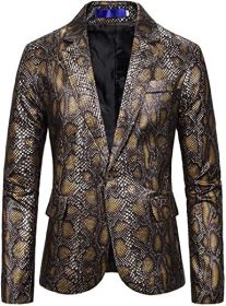 Men's Printed Suit Jackets Stylish Snakeskin Print Dress Coats Shawl Lapel Tuxedo Blazers for Wedding Party Prom (Color: Yellow, size: M)