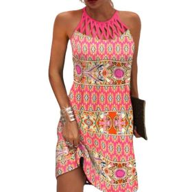 Summer 2023 Women's Elegant Round Neck Vintage Cutout Neck Sleeveless Halter Print Dress Hollow Out Floral Sexy Party Dress New (Color: PINK, size: L)