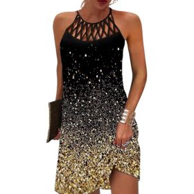 Summer 2023 Women's Elegant Round Neck Vintage Cutout Neck Sleeveless Halter Print Dress Hollow Out Floral Sexy Party Dress New (Color: Gold, size: XXL)