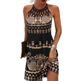Summer 2023 Women's Elegant Round Neck Vintage Cutout Neck Sleeveless Halter Print Dress Hollow Out Floral Sexy Party Dress New (Color: BLACK, size: L)