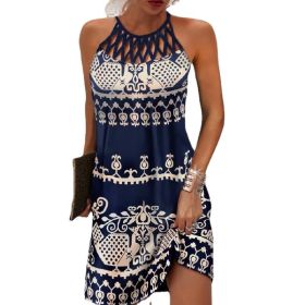 Summer 2023 Women's Elegant Round Neck Vintage Cutout Neck Sleeveless Halter Print Dress Hollow Out Floral Sexy Party Dress New (Color: Blue, size: XXXL)