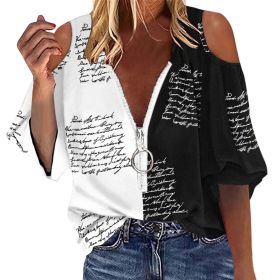 Elegant Off Shoulder Shirt Blouse Women Casual Letter Print V Neck Zipper Tops Patchwork Loose Shirt Top Long Sleeve Blouse (Color: E, size: M)