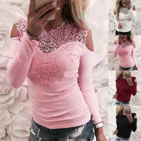 Lace Neck Long Sleeve Women Blouse Slim Fit Elastic Tunic Top Off Shoulder Lace Stitching Casual Blouse Streetwear (Color: C1, size: L)