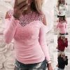 Lace Neck Long Sleeve Women Blouse Slim Fit Elastic Tunic Top Off Shoulder Lace Stitching Casual Blouse Streetwear