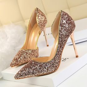Women's Pumps; sexy women's high-heeled shoes; thin heel pointed leather shoes; hollow sides; sequins decoration (colour: champagne, size: 39)