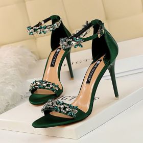 Women's Pumps; Sexy high-heeled shoes; formal women's shoes for banquet party; thin heel high-heeled shoes; satin open toe rhinestone one word sandal (colour: silvery, size: 35)