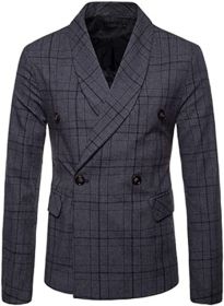 Men's Plaid Suit Coats Slim Fit Double Breasted Blazers Casual Stripe Suit Jackets Lightweight Sport Coats (Color: Dark Grey, size: M)