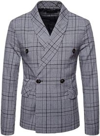 Men's Plaid Suit Coats Slim Fit Double Breasted Blazers Casual Stripe Suit Jackets Lightweight Sport Coats (Color: light frey, size: L)