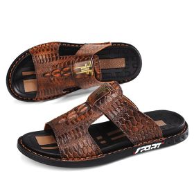 New men's flip-flops crocodile print casual sandals non-slip fashion comfortable slippers (Color: Brown, size: 45)