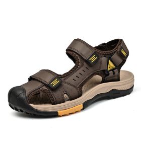 Summer men's new big pier layer cowhide beach sandals Fashion trend comfortable men's sandals 38-48 (Color: KHAKI, size: 47)